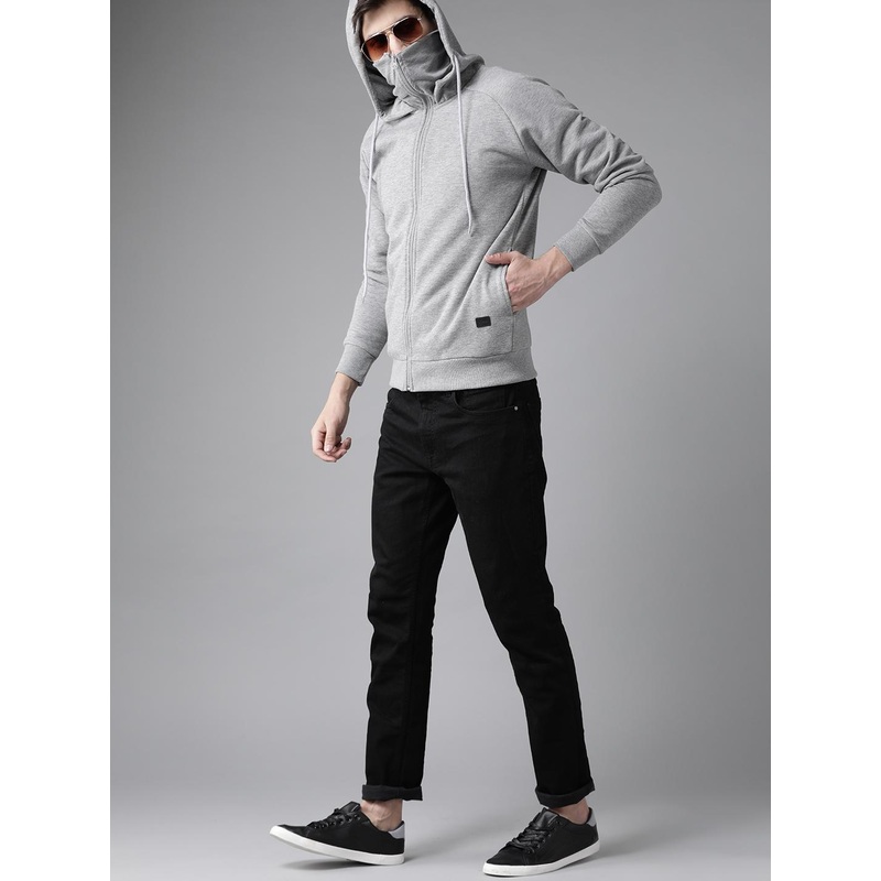 Roadster Men Grey Melange Solid Hooded Sweatshirt