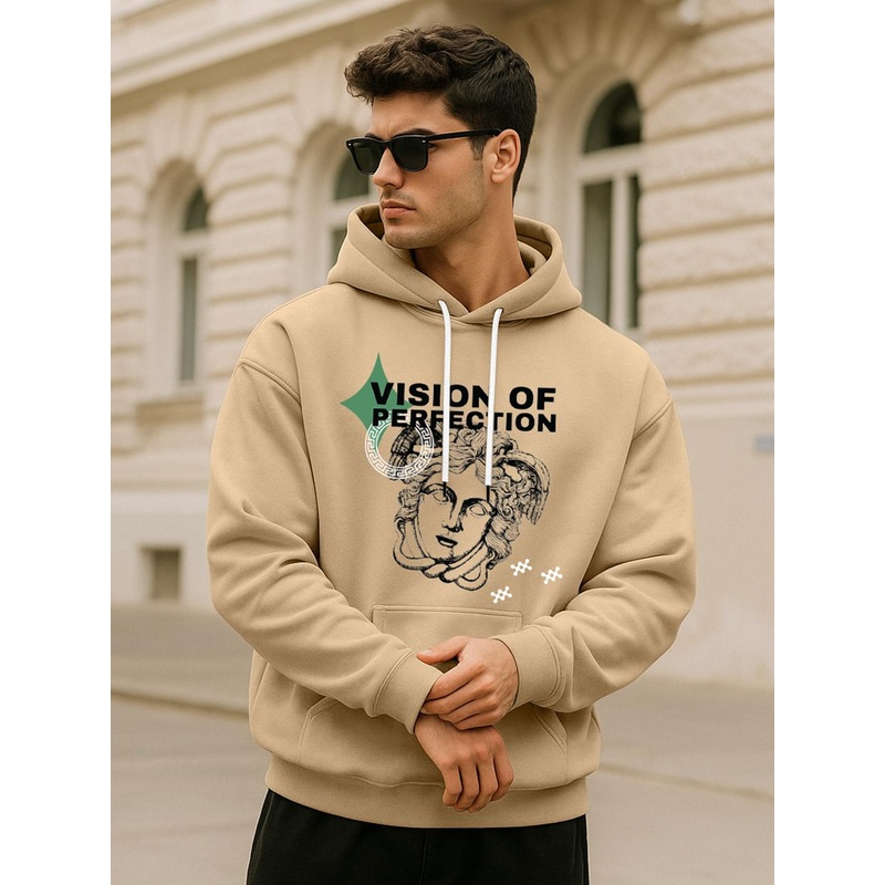 VEIRDO Men Beige Graphic Printed Cotton Fleece Regular Fit Hooded Pullover Sweatshirt