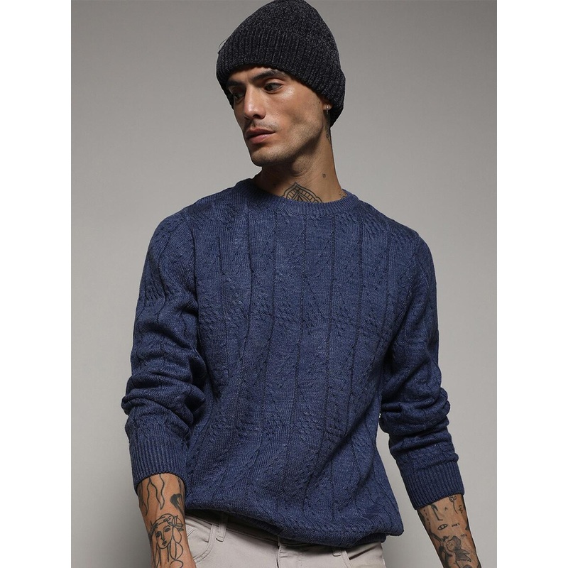 Campus Sutra Blue Cable Knit Self Design Woollen Pullover