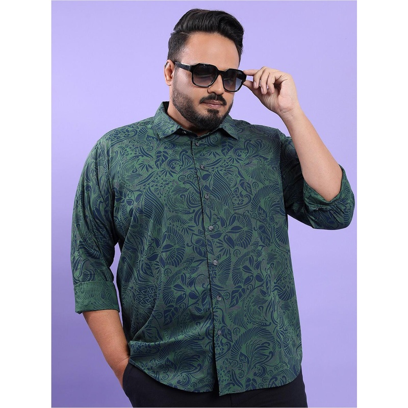 HIGHLANDER Plus Size Floral Printed Spread Collar Regular Fit Cotton Casual Shirt