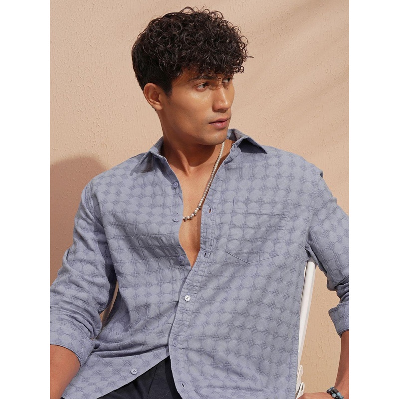 HIGHLANDER Self Design Cutaway Collar Long Sleeves Slim Fit Casual Cotton Shirt