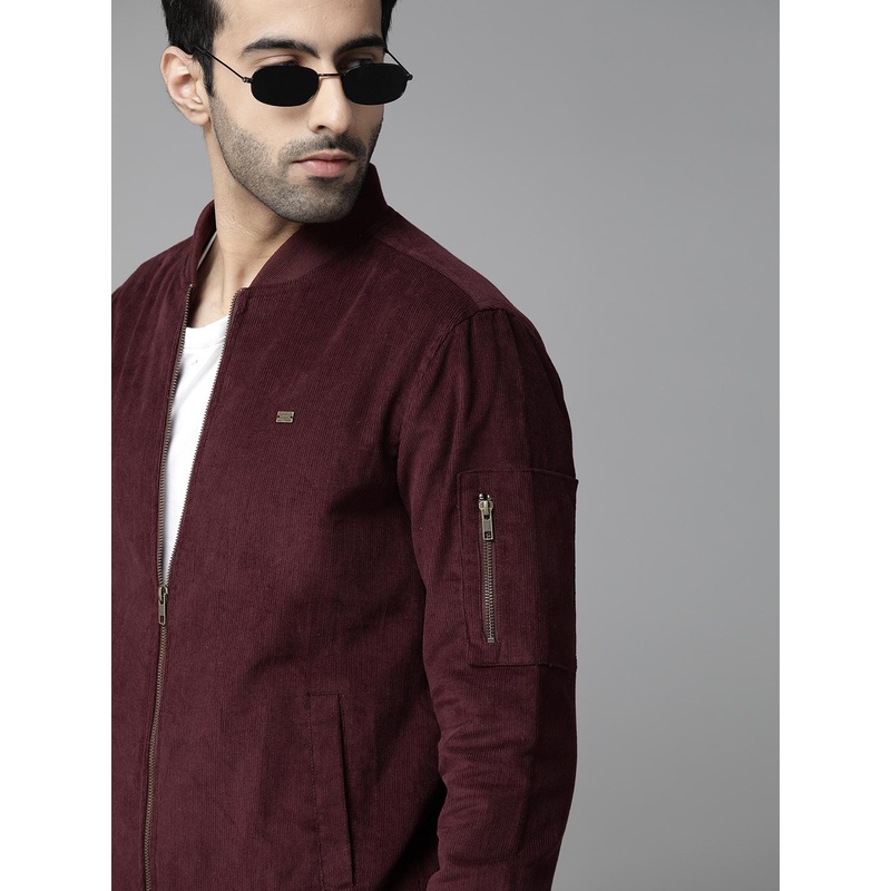 Roadster Men Burgundy Solid Corduroy Bomber Jacket