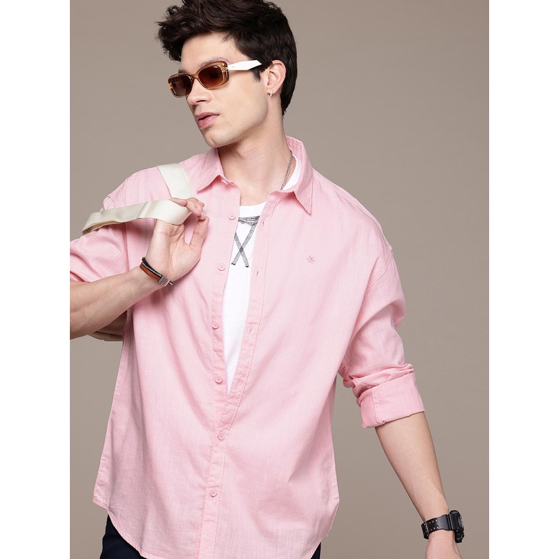 WROGN Pure Cotton Self Design Textured Oversized Shirt