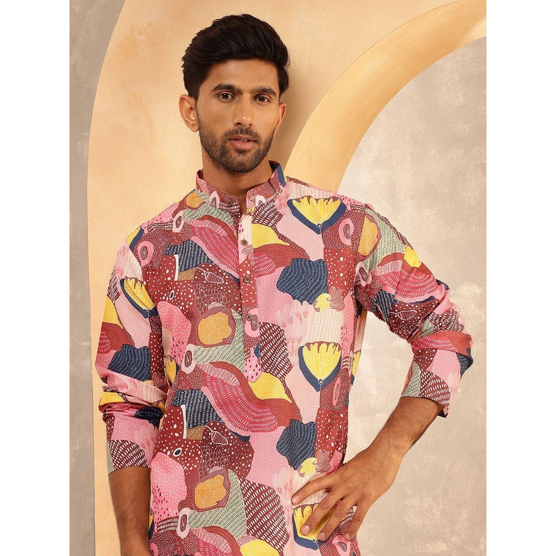 Anouk Abstract Printed Band Collar Straight Cotton Linen Kurta