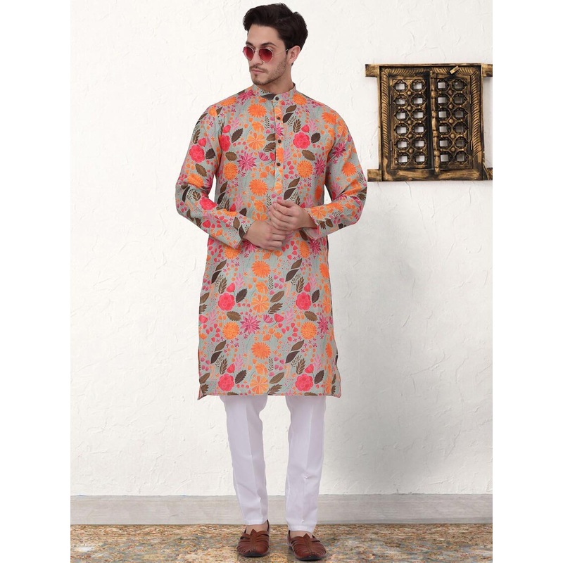 Anouk Grey Floral Printed Mandarin Collar Pure Cotton Straight Kurta