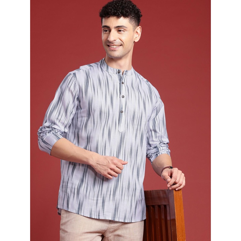 Anouk Men Ikat Printed Mandarin Collar Pure Cotton Short Kurta