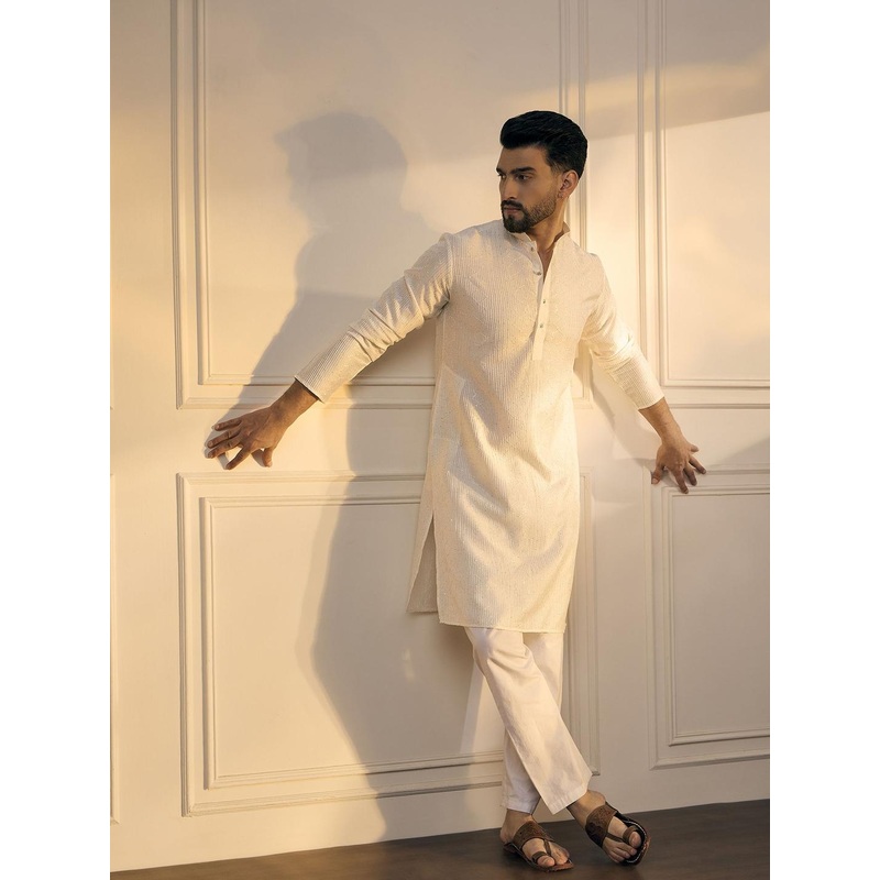 Anouk White Striped Embroidered Sequinned Mandarin Collar Straight Kurta