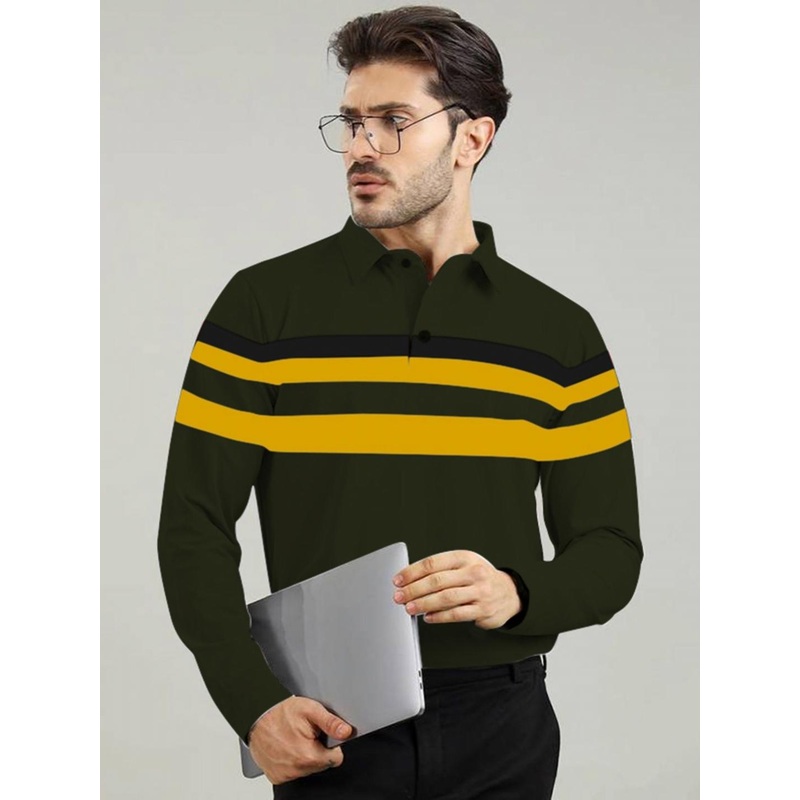 AUSK Men Striped Polo Collar Applique T-shirt