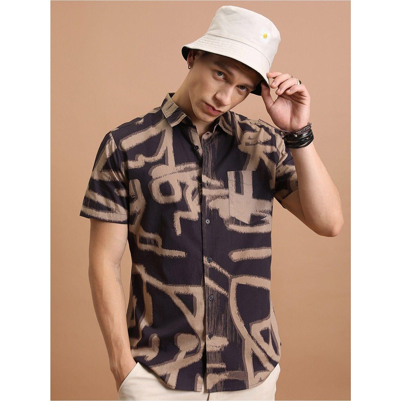 HIGHLANDER Purple and Khaki Abstract Printed Slim Fit Cotton Casual Shirt