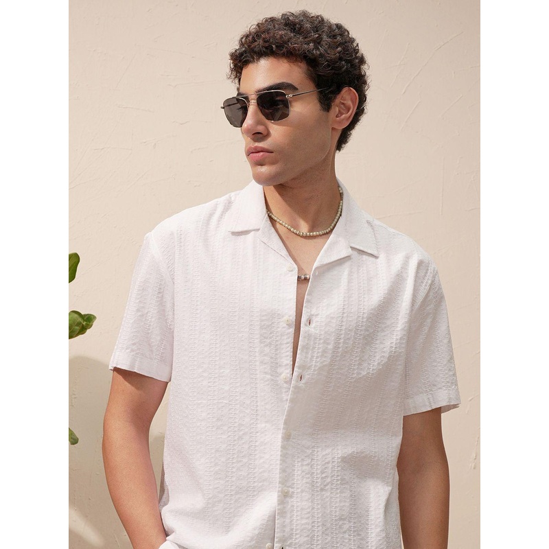 HIGHLANDER Textured Cuban Collar Cotton Oversized Fit Shirt