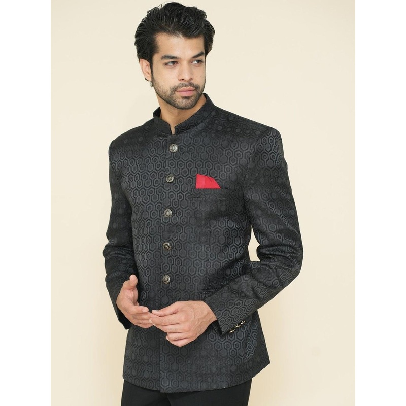 House of Pataudi Self-Design Mandarin Collar Tailored-Fit Pure Cotton Jodhpuri Blazer