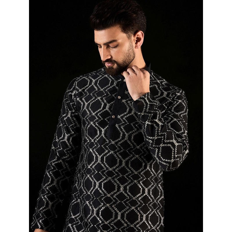 Anouk Navy Blue Geometric Woven Design Mandarin Collar Thread Work Pure Silk Kurta