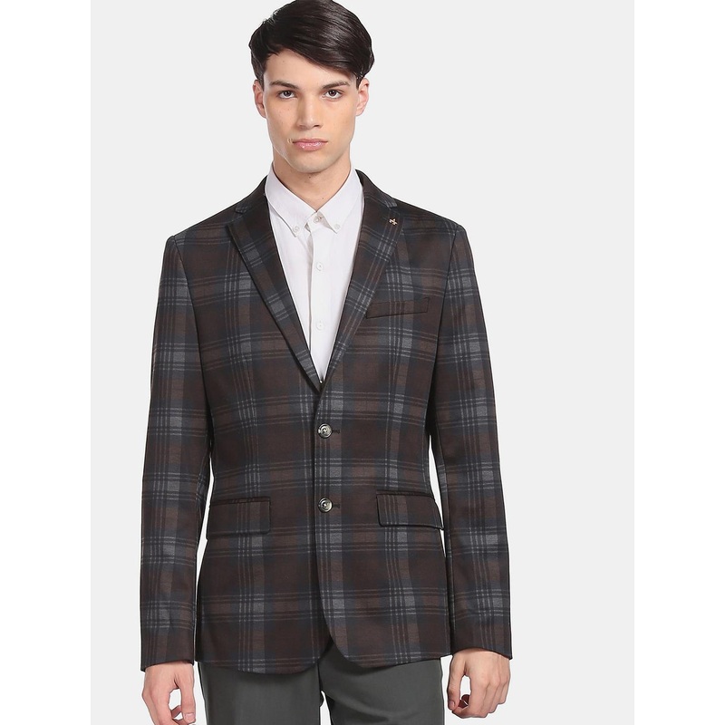 Arrow Men Brown & Grey Checked Single-Breasted Casual Blazer