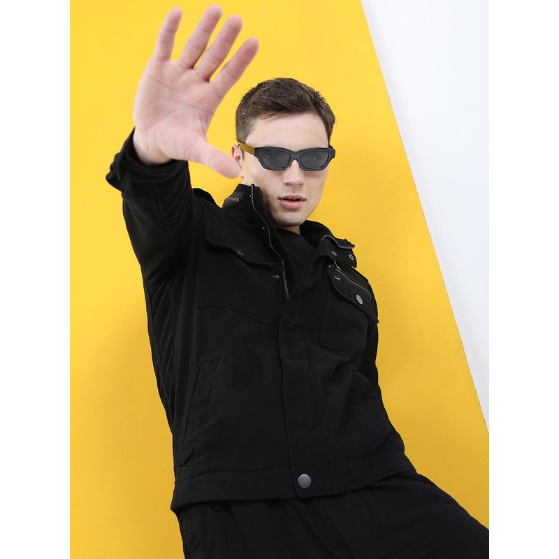 HIGHLANDER Men Black Geometric Colourblocked Tailored Jacket