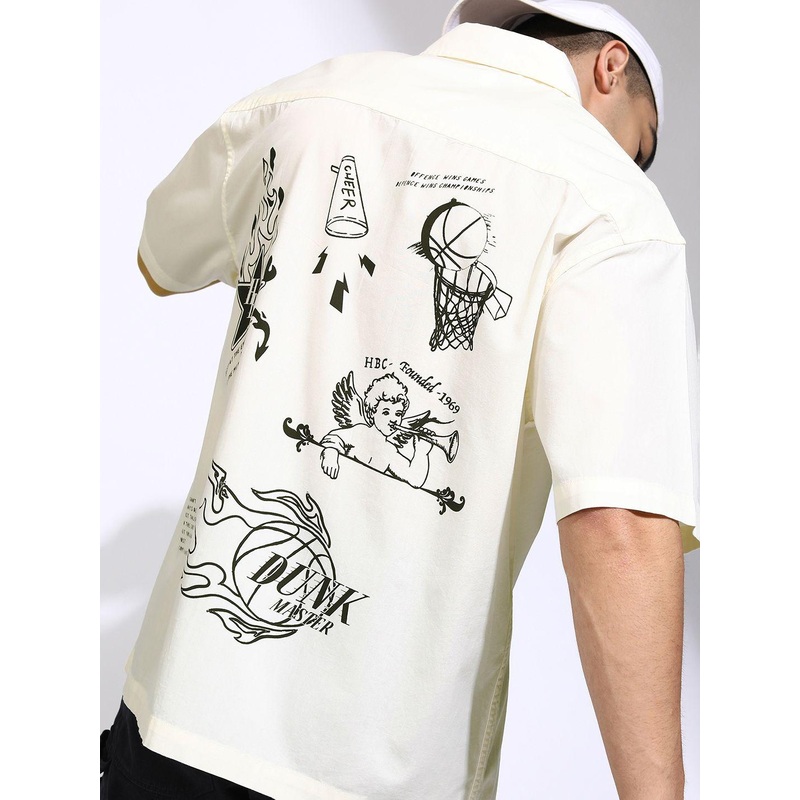 HIGHLANDER Men Cream Logo Embroide Placement Patterened Oversized Shirt