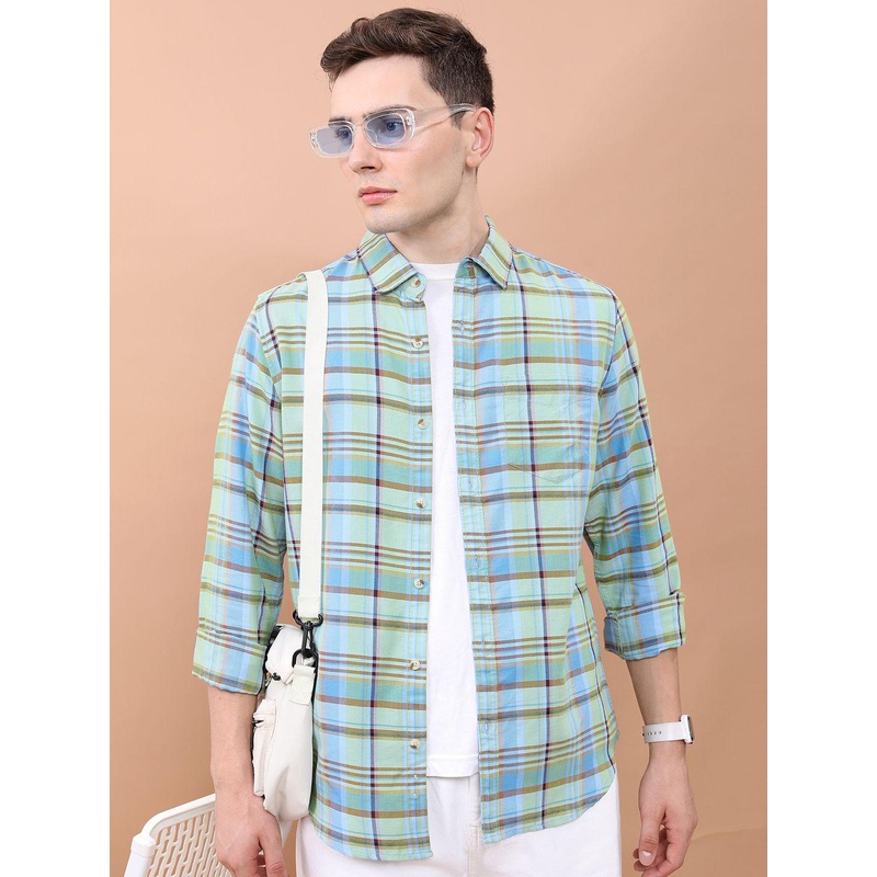 HIGHLANDER Men Slim Fit Horizontal Striped Spread Collar Cotton Casual Shirt