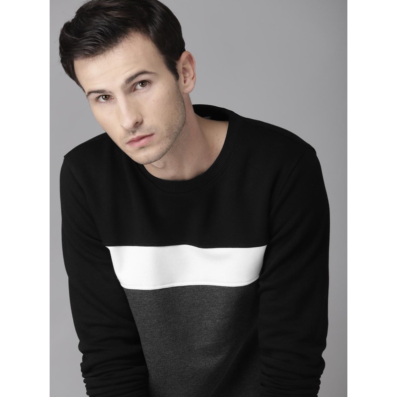 Roadster Men Black & Charcoal Grey Colourblocked Sweatshirt