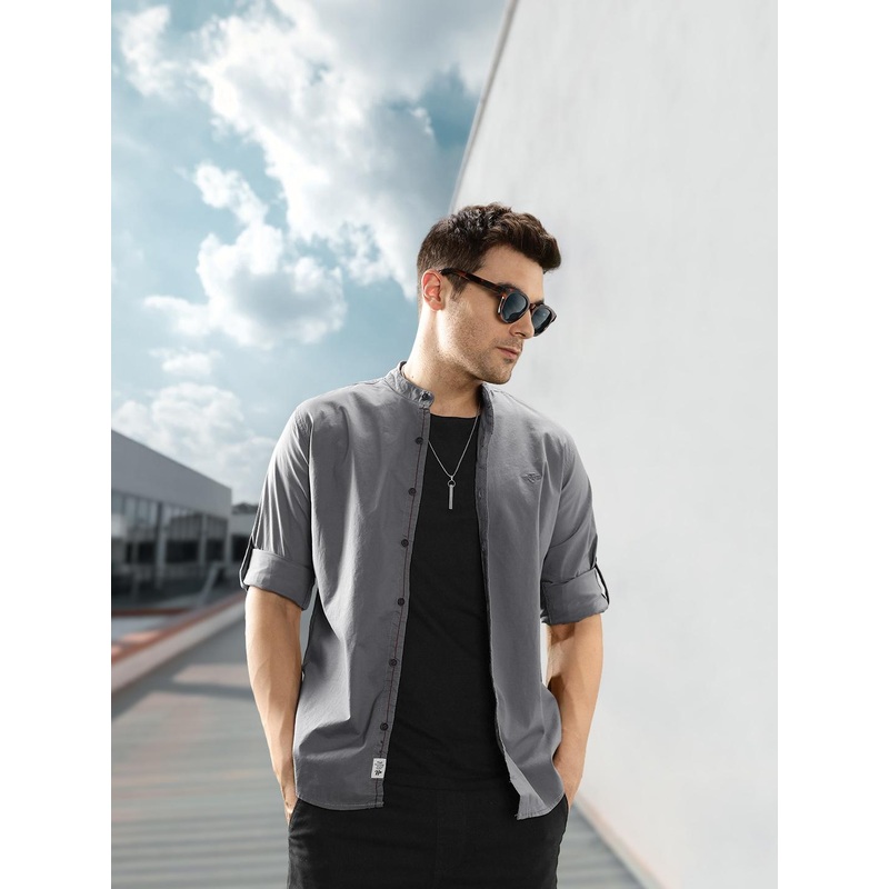 Roadster Men Castle Rock Slim Fit Opaque Mandarin Collared Sustainable Casual Shirt