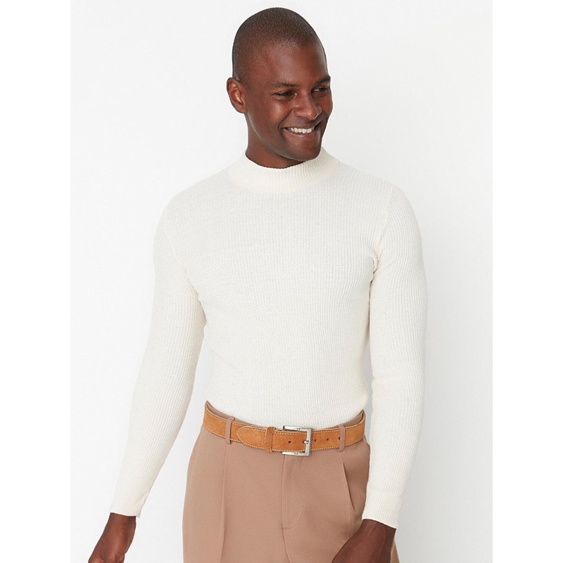 Trendyol Men Off White Ribbed Pullover Sweater
