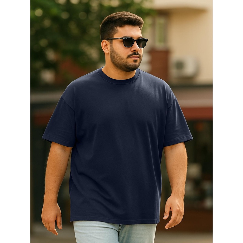 VEIRDO Men Plus Size Navy Blue Solid Round Neck Pure Cotton Oversized T-Shirt