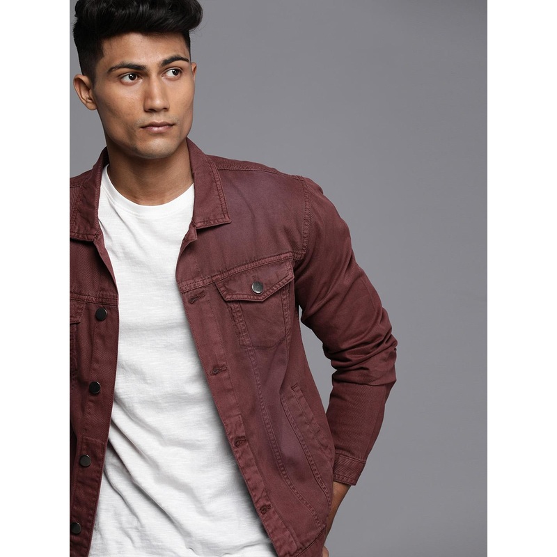 WROGN Men Maroon Solid Pure Cotton Denim Jacket