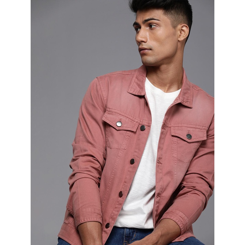 WROGN Men Rust Pink Solid Denim Jacket