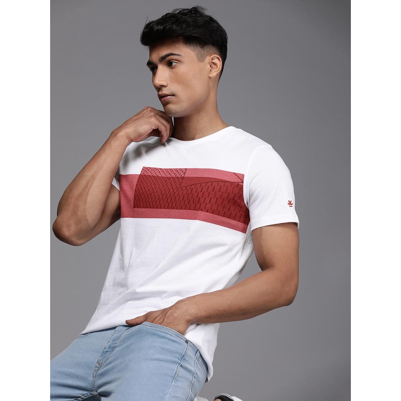 WROGN Men White & Peach-Coloured Colourblocked Slim Fit T-shirt