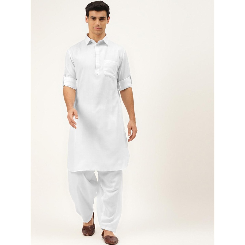 ATRAENTA Cotton Curved Shirt Collar Roll-Up Sleeves Pathani Kurta