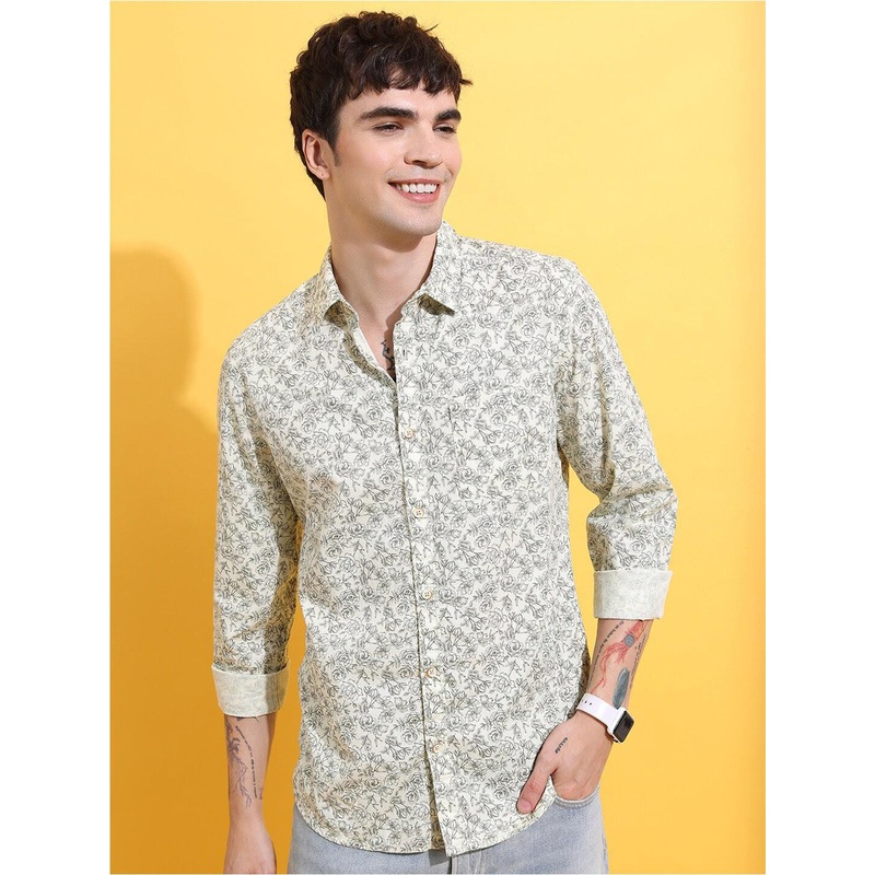 HIGHLANDER Lime Green Floral Printed Spread Collar Slim Fit Cotton Casual Shirt