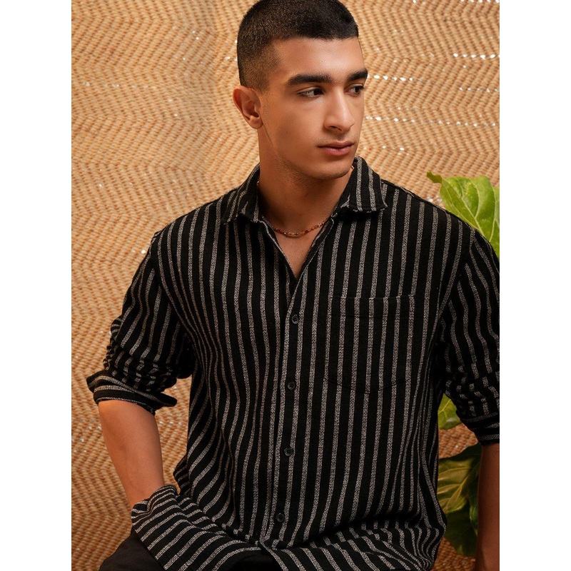 HIGHLANDER Men Ecru Textured Dobby Striped Relaxed Shirt