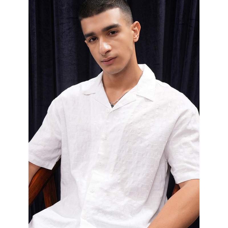 HIGHLANDER Men Mocklino Dobby Textured Solid Cuban Collar Relaxed Shirt