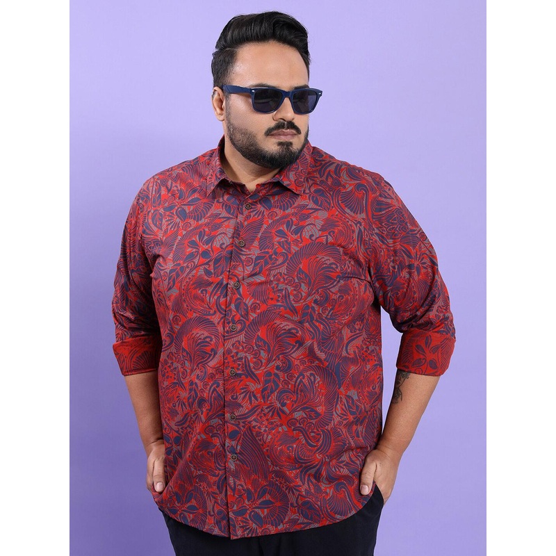 HIGHLANDER Rust & Blue Ethnic Printed Plus Size Cotton Casual Shirt