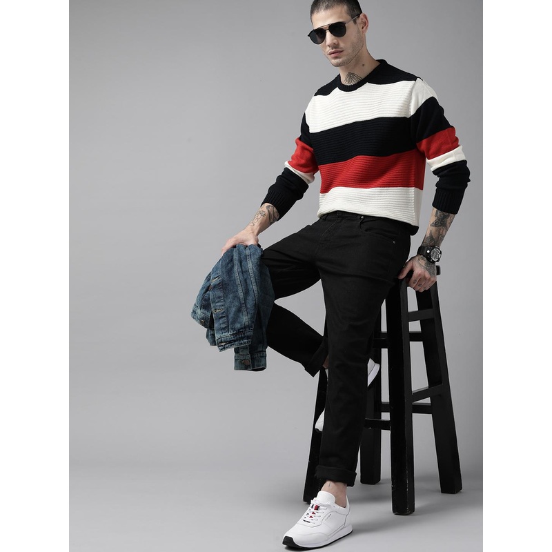 The Roadster Lifestyle Co. Men Navy Blue & Cream-Coloured Striped Fine Knit Pullover