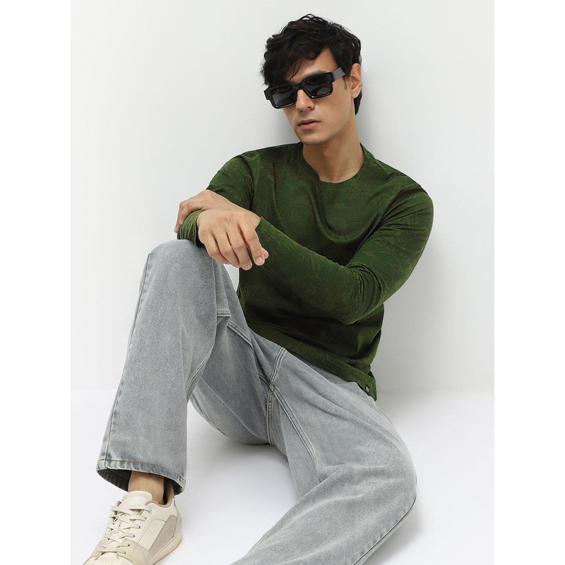 Urbano Fashion Men Olive Green Printed Tropical Slim Fit T-shirt