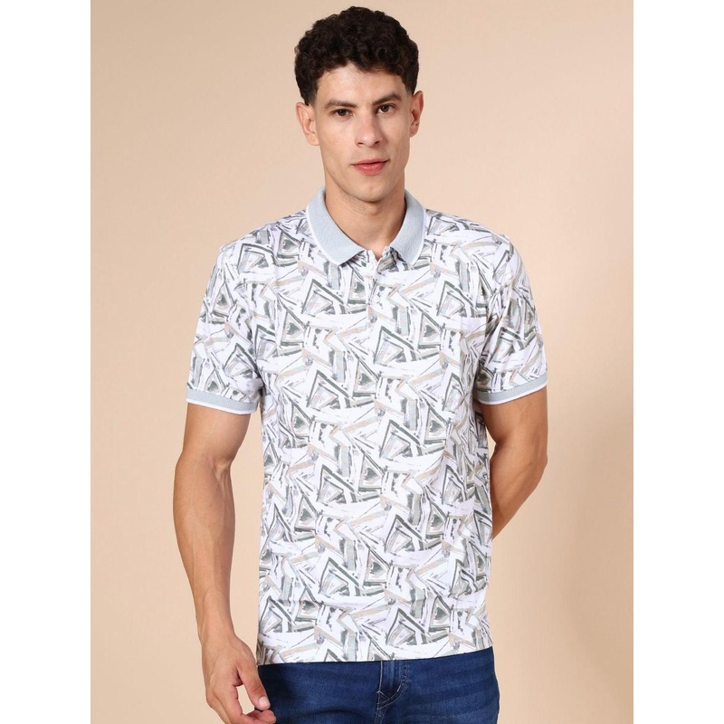 V-Mart Men Geometric Printed Polo Collar Cotton T-shirt