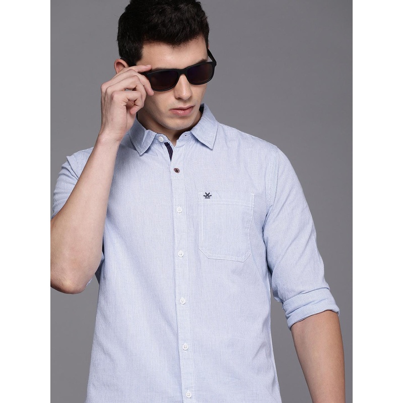 WROGN Men Blue & White Slim Fit Striped Pure Cotton Casual Shirt