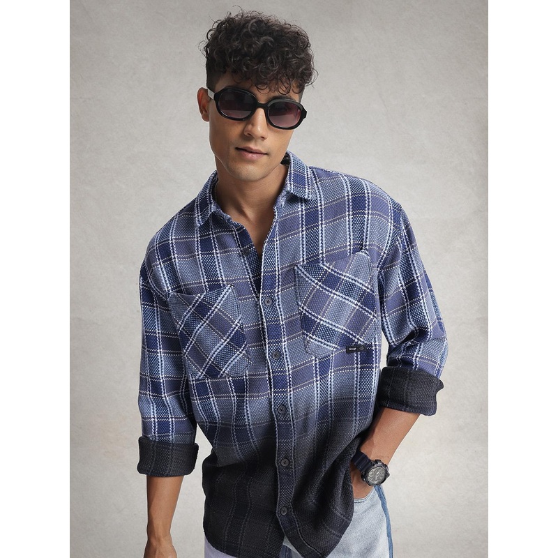 WROGN Ombre Checked Drop-Shoulder Sleeves Oversized Casual Shirt