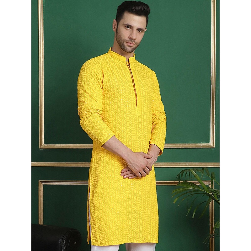 Anouk Yellow Ethnic Motifs Embroidered Mandarin Collar Straight Kurta