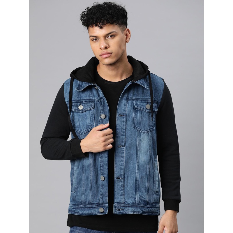 Campus Sutra Men Washed Hooded Denim Jacket
