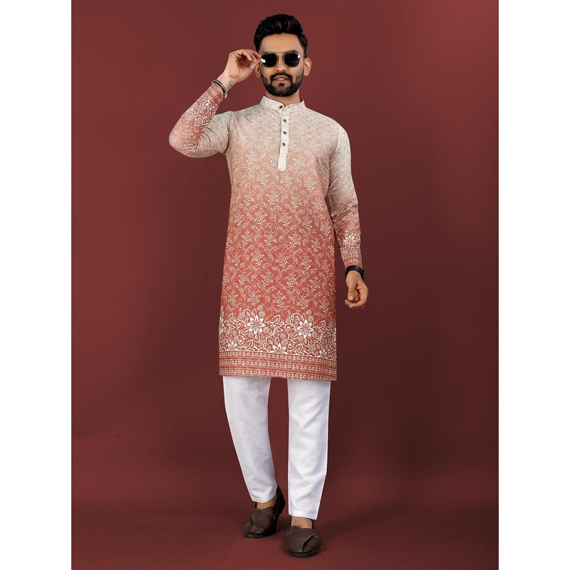 CHARLOTTE GRACIOUS Floral Printed Band Collar Thread Work Straight Kurta