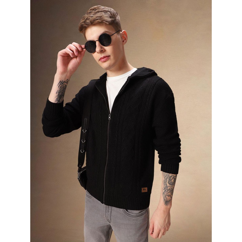 Dennis Lingo Men Black long Sleeves Hooded neck Front Open Zip Closure Cable Knit Cardigan