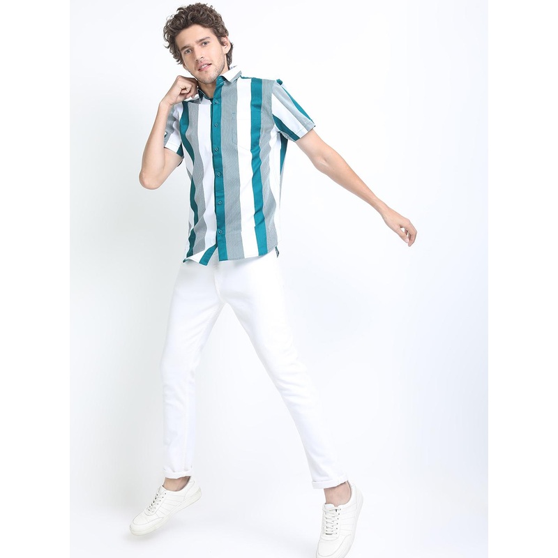 HIGHLANDER Men Green Slim Fit Striped Casual Shirt