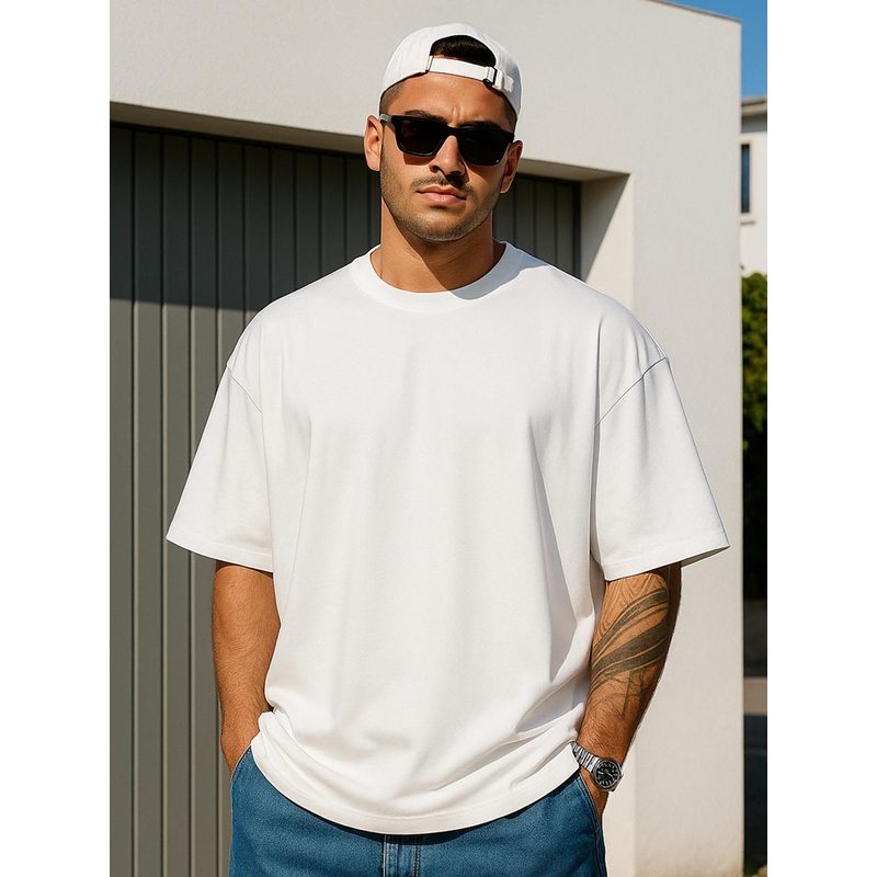 VEIRDO White Drop-Shoulder Sleeves Pure Cotton Oversized T-shirt