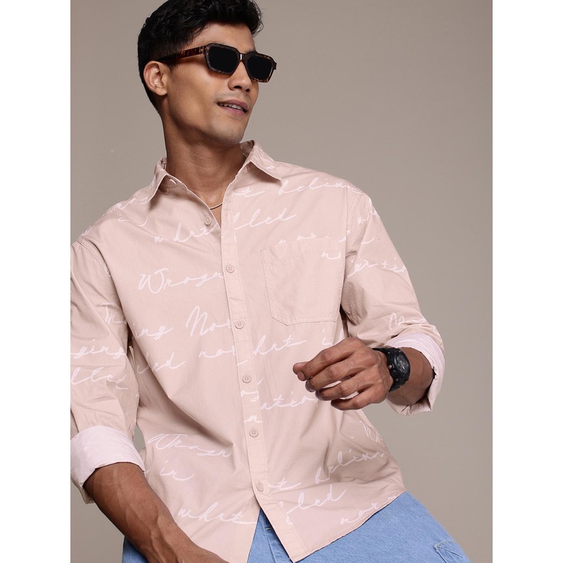 WROGN Pure Cotton Typography Printed Drop-Shoulder Sleeves Fit Casual Relaxed Fit Shirt