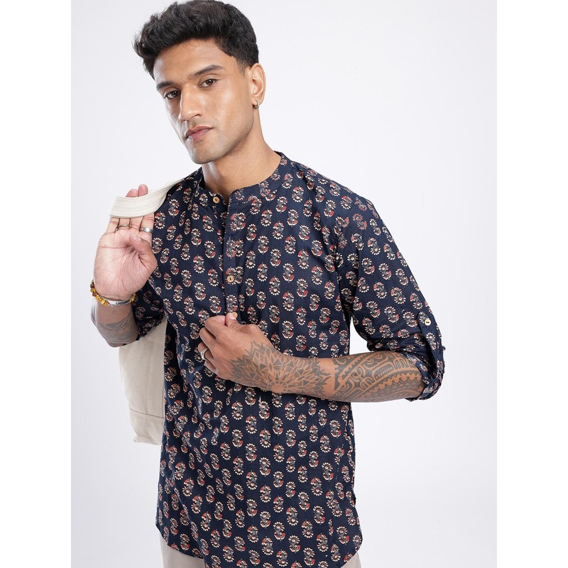 Anouk Rustic Band Collar Floral Printed Roll-Up Sleeves Kurta