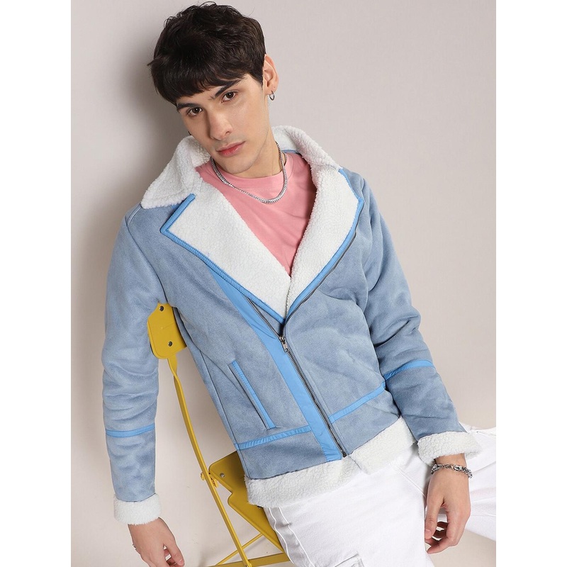Campus Sutra Colourblocked Windcheater Faux Fur Trim Tailored Jacket