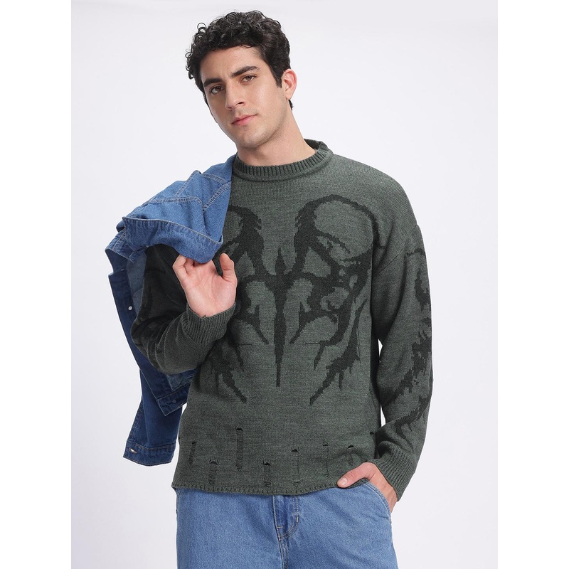 glitchez Abstract Pattern Canvas Distressed Detail Pullover