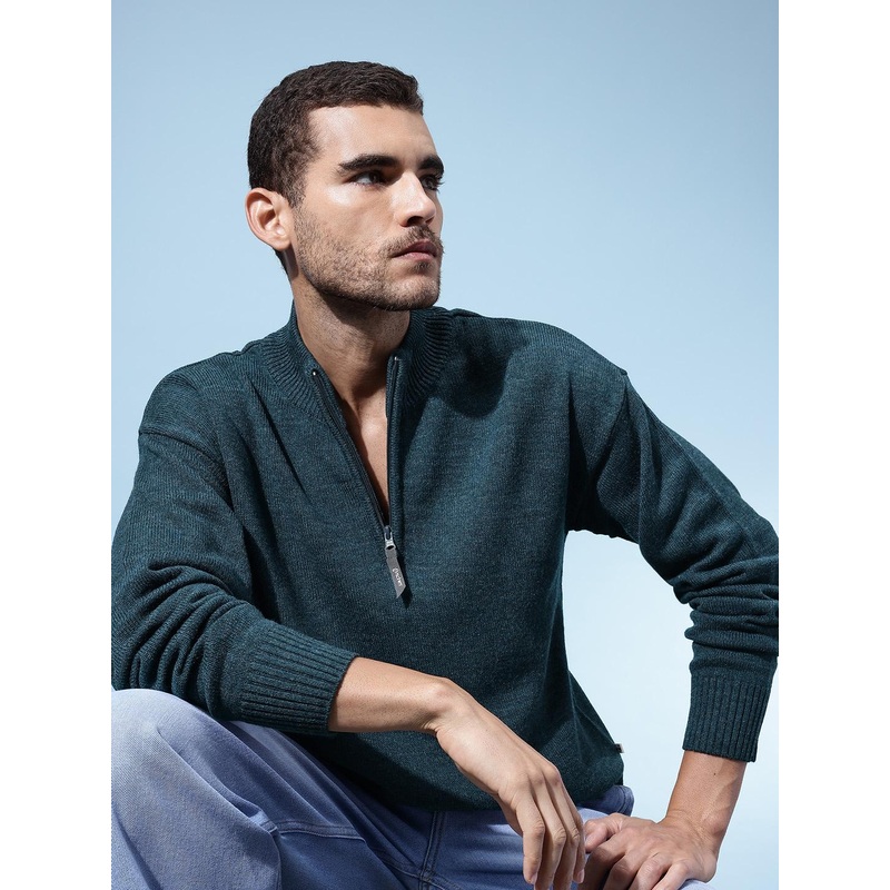 glitchez Mock Collar Drop-Shoulder Sleeves Relaxed Fit Acrylic Zip-Up Pullover