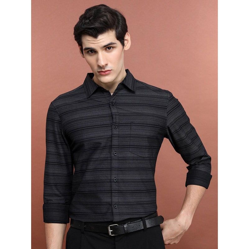HIGHLANDER Black Slim Fit Horizontal Stripes Spread Collar Long Sleeve Cotton Casual Shirt