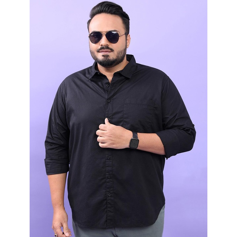 HIGHLANDER Plus Size Black Spread Collar Long Sleeves Cotton Casual Shirt